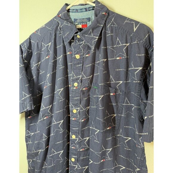 Tommy Hilfiger Mens Y2K Navy Blue Logo Casual Button Up Short Sleeve Shirt Large - Picture 3 of 9